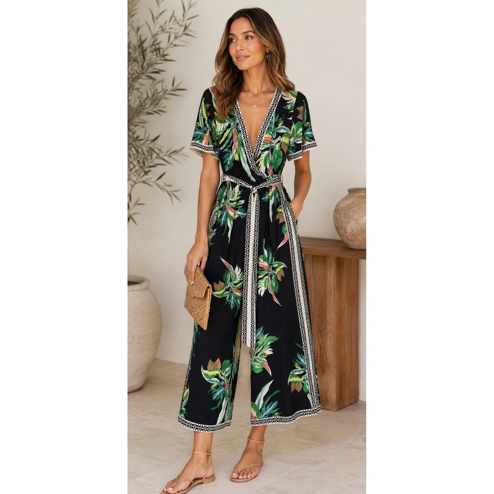 Flying Tomato Women's Floral Jumpsuit Sz S Green Wide Leg Wrap Boho Resort Beach